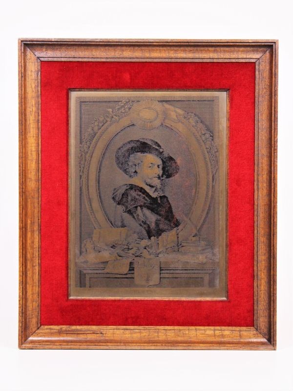 Ingekaderde antieke etsplaat met een portret van Rubens (Benoist le jeune)
